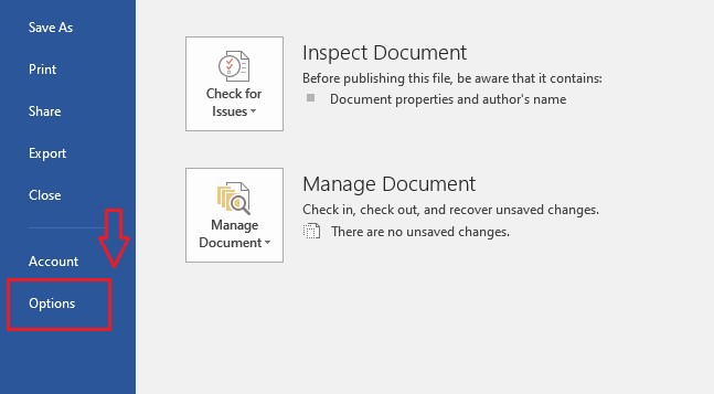 Chọn Option (Tùy chọn) trong mục File
