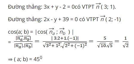 Ví dụ 1 bài tập tính góc giữa hai đường thẳng sử dụng vecto pháp tuyến