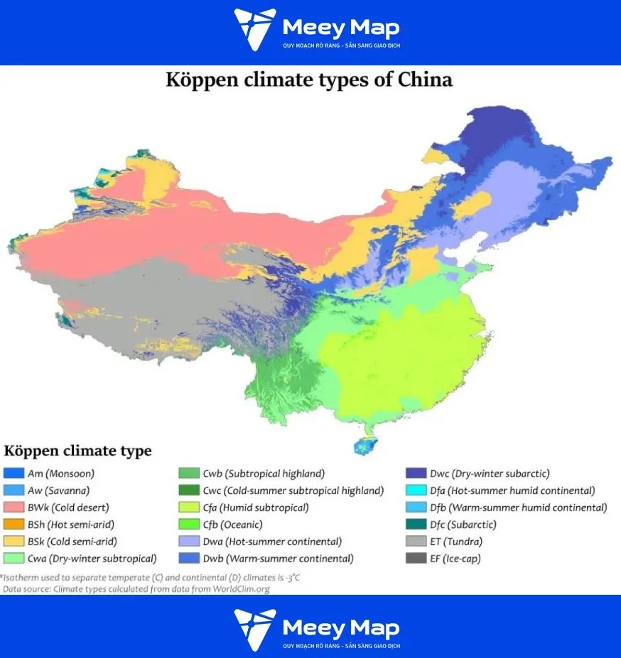 Bản đồ khí hậu Trung Quốc thể hiện sự đa dạng khí hậu