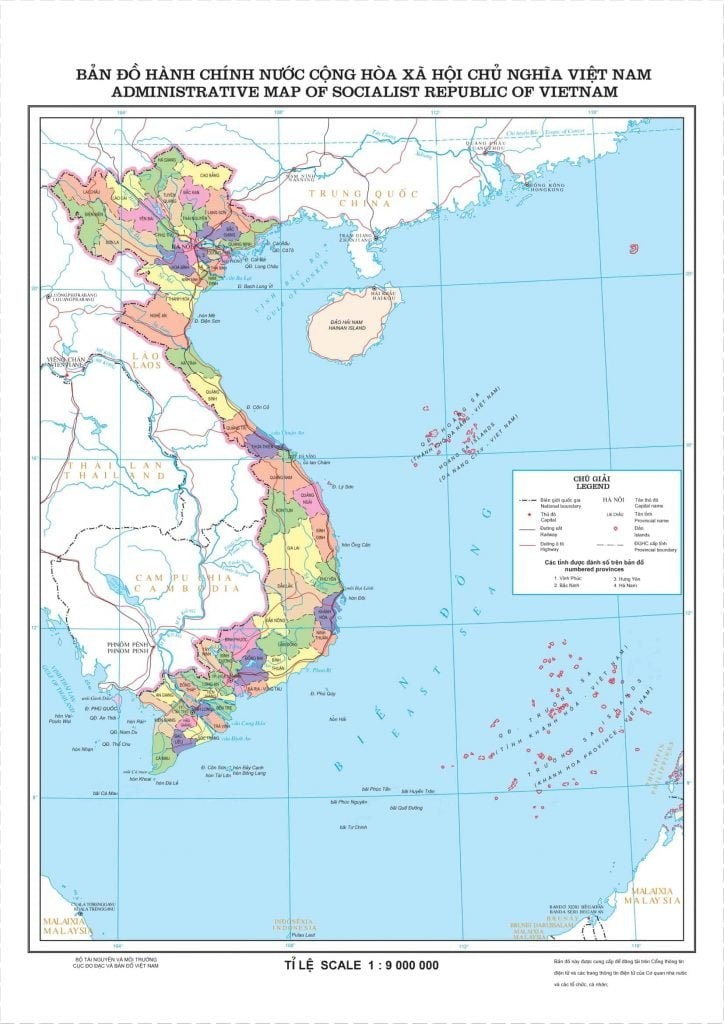 Bản đồ tỷ lệ 1:9.000.000 thể hiện toàn bộ Việt Nam