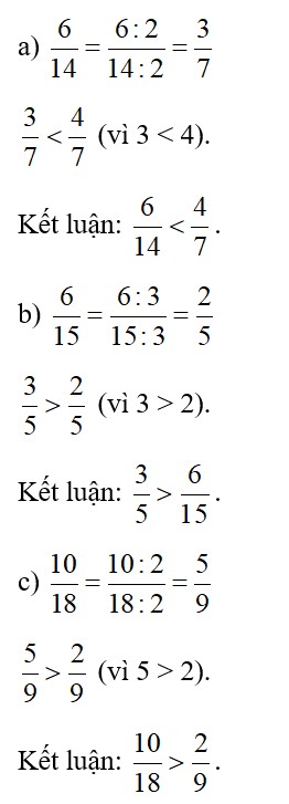 Rút gọn rồi so sánh hai phân số: a) 6/ 14 và 4/7 b) 3/5 và 6/15 c) 10/18 và 2/9 (ảnh 2)