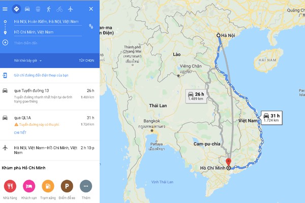 Bản đồ tuyến đường Hà Nội - TP.HCM dài 1724km qua QL14 và QL1A