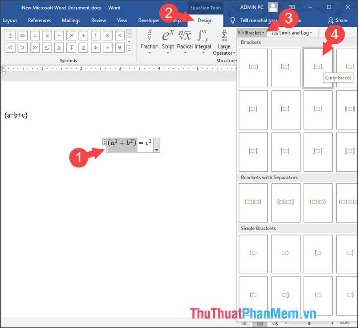 Chọn Bracket để thêm dấu ngoặc vào công thức toán học
