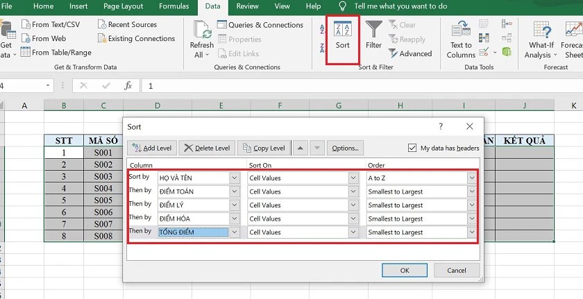 Chọn sắp xếp từ nhỏ nhất đến lớn nhất trong Excel để sắp xếp thứ tự tăng dần