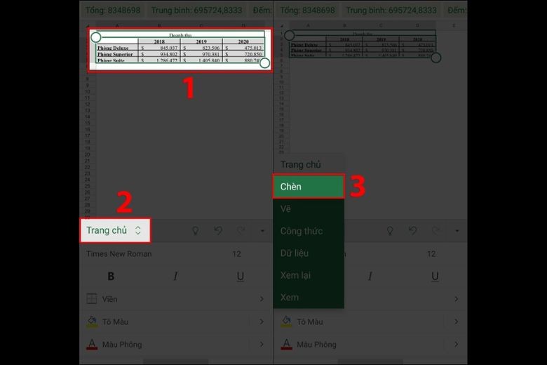 Chọn vùng dữ liệu và chọn Insert trên điện thoại