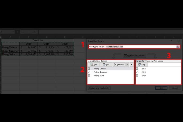 Chỉnh sửa dữ liệu trong hộp thoại Select Data Source