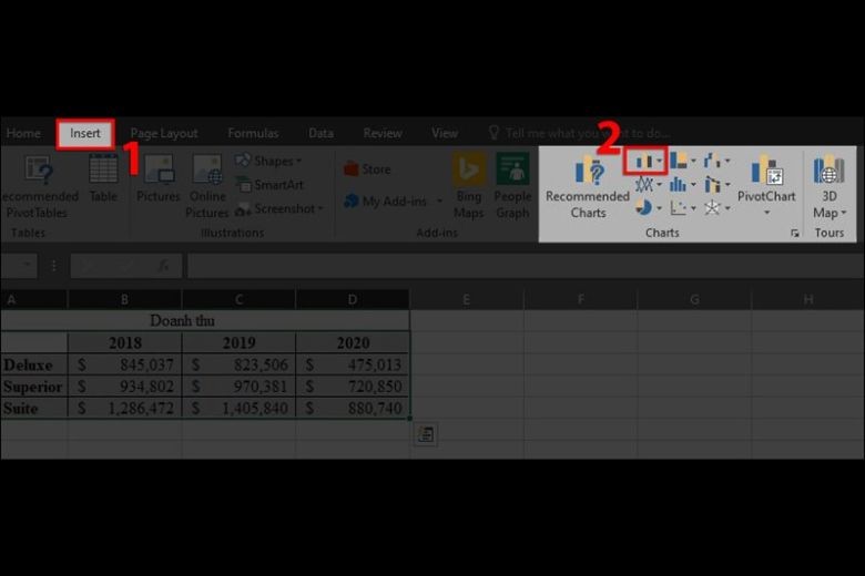 Chọn biểu tượng biểu đồ cột trên thanh công cụ Insert