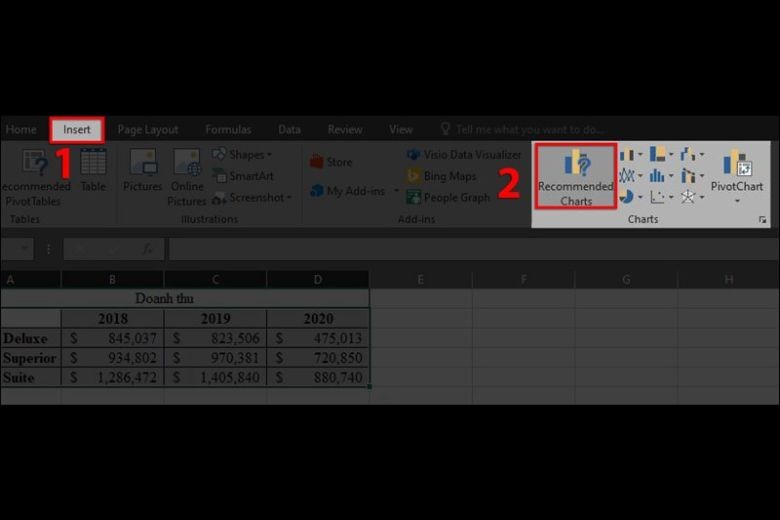 Chọn Recommended Charts để tìm biểu đồ miền