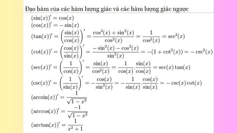 Công thức đạo hàm lượng giác