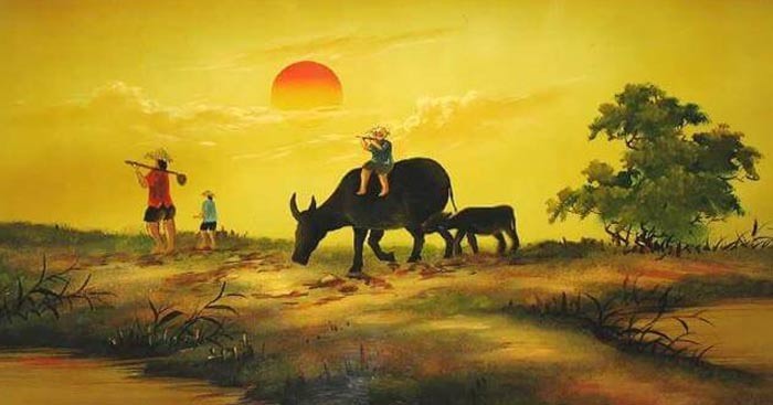 Bức tranh chiều xuân yên bình với bến đò vắng lặng và quán tranh im lìm