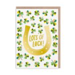 Thiệp chúc may mắn với hình cỏ ba lá và móng ngựa, cùng dòng chữ Good Luck Card featuring clover and horseshoe illustrations and text reads