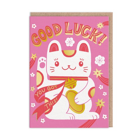 Thiệp chúc may mắn màu hồng tươi sáng với hình mèo thần tài Maneki-neko được hoàn thiện bằng lá vàng. Dòng chữ Good Luck, You Got This