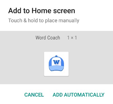 word coach game homescreen icon - Shortcut Icon from the Web Browser - add automatically button