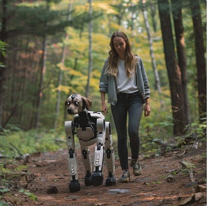 Người phụ nữ đi dạo trong rừng với chó robot