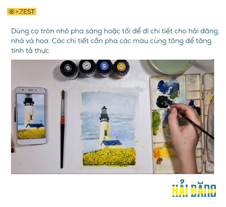 Hoàn thiện bức tranh ngọn hải đăng với các chi tiết và màu sắc cuối cùng