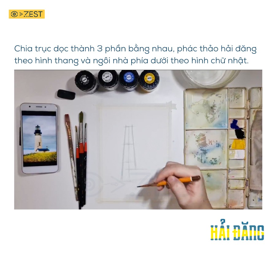 Vẽ chi tiết phần đỉnh ngọn hải đăng với mái vòm và lan can