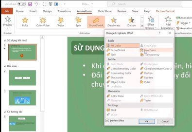 Hiệu ứng Emphasis giúp làm nổi bật đối tượng trên slide Powerpoint