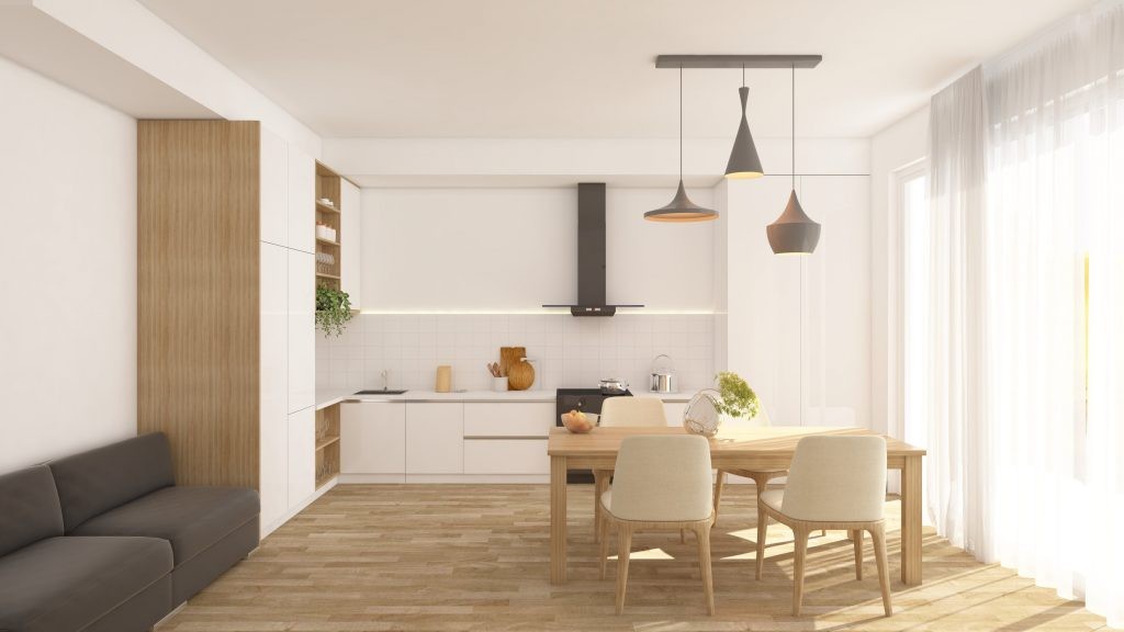 Khu vực bếp và phòng ăn hiện đại với thiết kế tối giản.