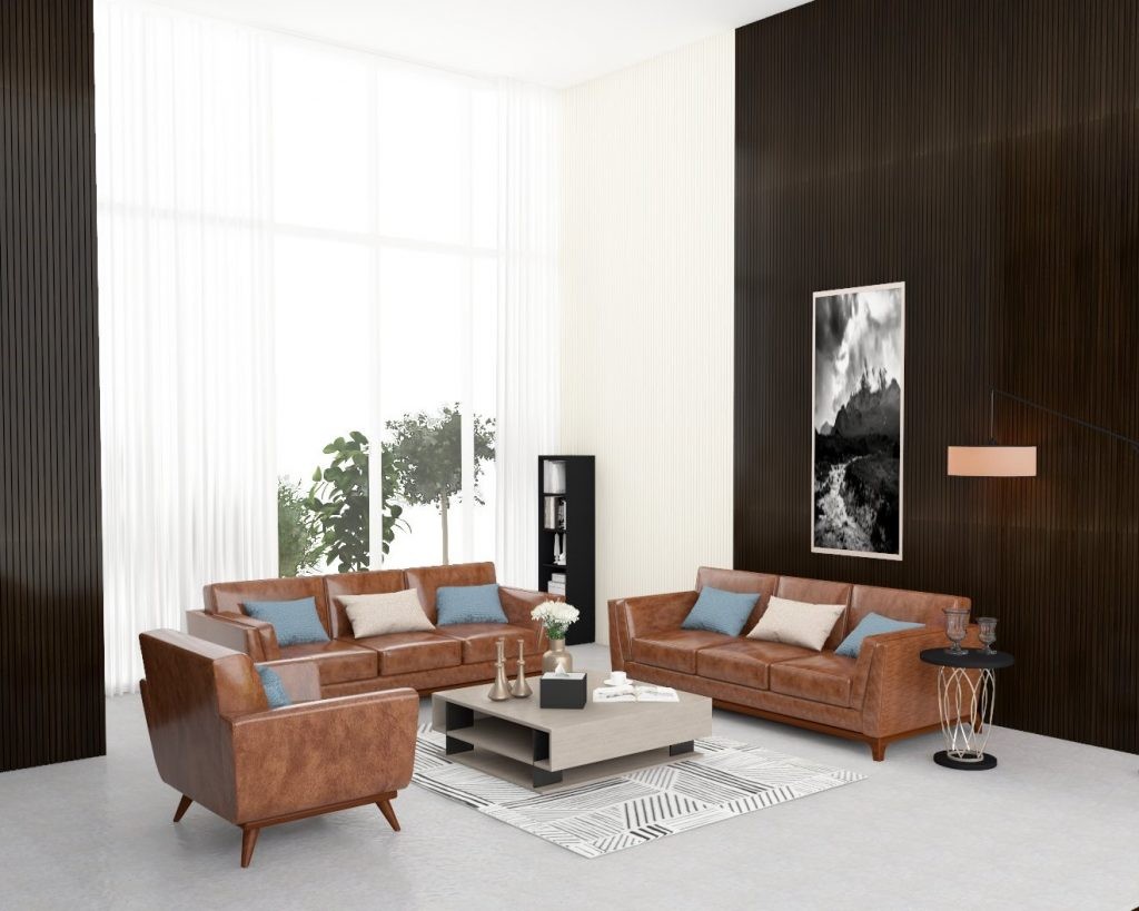 Phòng khách hiện đại với ghế sofa da lớn, bàn cà phê, ghế bành và đèn sàn.