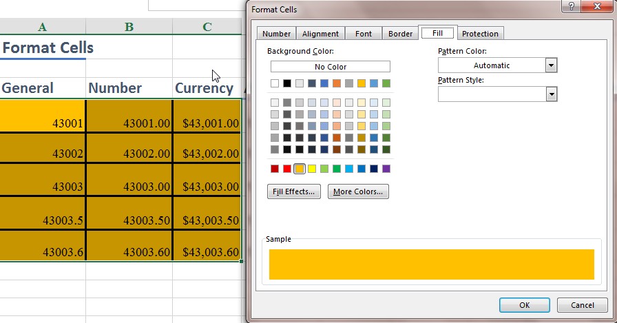 Tab Fill trong Format Cell