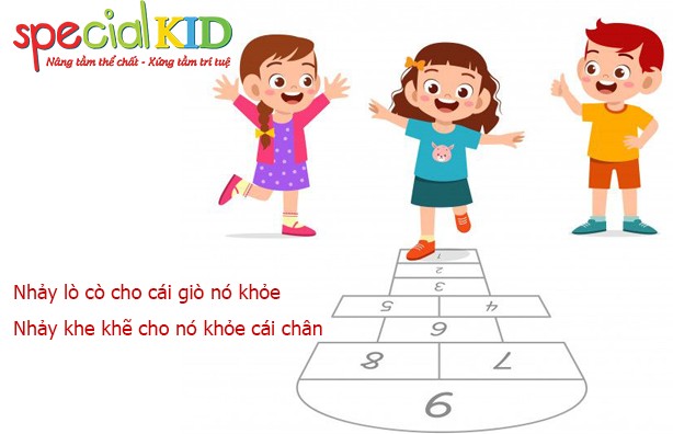 Các em nhỏ đang chơi nhảy lò cò trên sân trường