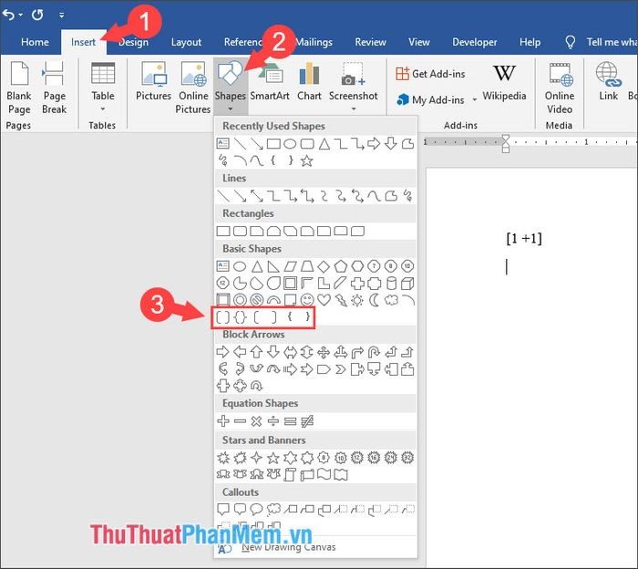 Chọn Shape hình dấu ngoặc cần thêm vào văn bản Word