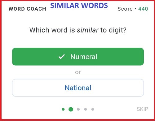 types of questions asked in the Google Word Coach- word coach game similar word quiz questions