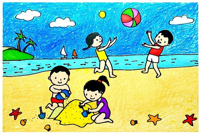Tranh vẽ cảnh đi biển cùng gia đình với nhiều hoạt động vui chơi