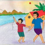 Tranh vẽ cảnh thả diều ở quê hương với màu sắc tươi sáng