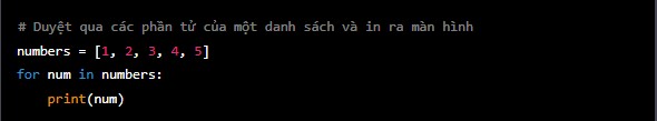 Duyệt qua danh sách các loại trái cây bằng vòng lặp for trong Python