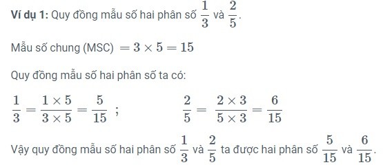 Ví dụ quy đồng mẫu số hai phân số