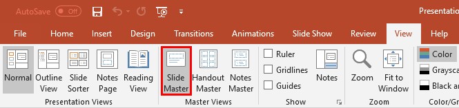 Cách đánh số trang trong Powerpoint bằng slide master bước 1