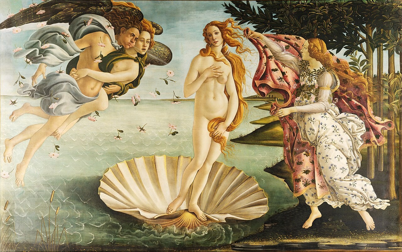 Bức tranh "Sự ra đời của Venus" của Sandro Botticelli, một tác phẩm nổi tiếng thể hiện vẻ đẹp của con người và sự ngưỡng mộ đối với văn hóa cổ điển.