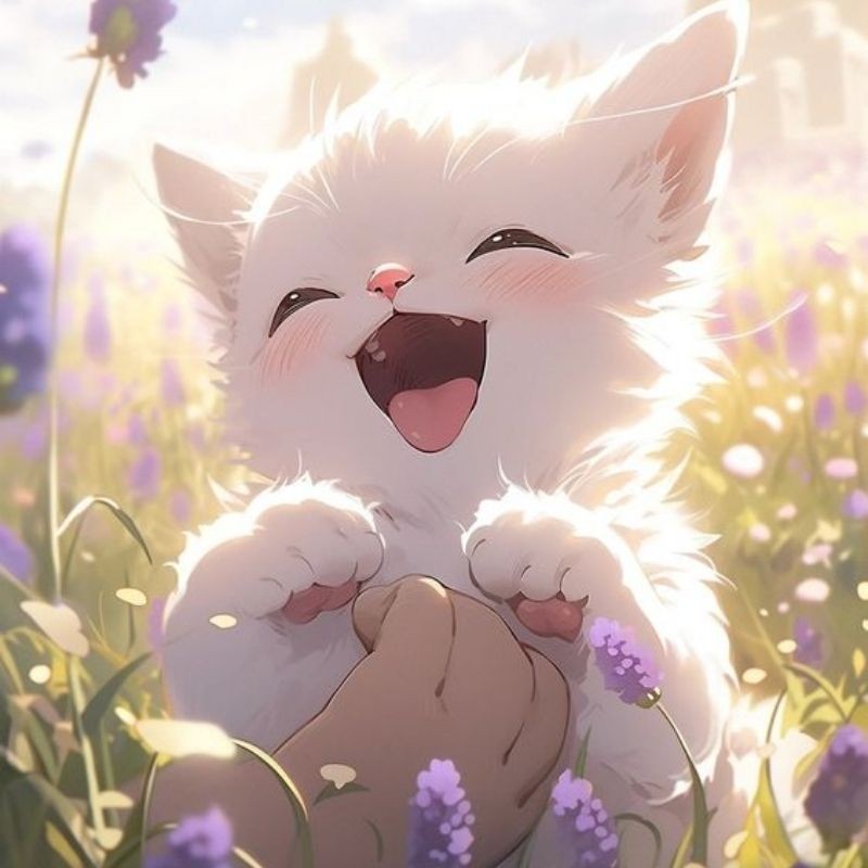 Hình ảnh mèo anime với đôi mắt to và màu sắc tươi sáng, thể hiện sự độc đáo và cá tính