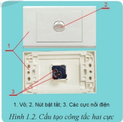Cấu tạo công tắc điện, vỏ nhựa cách điện, nút bật tắt và cực nối điện bằng đồng.