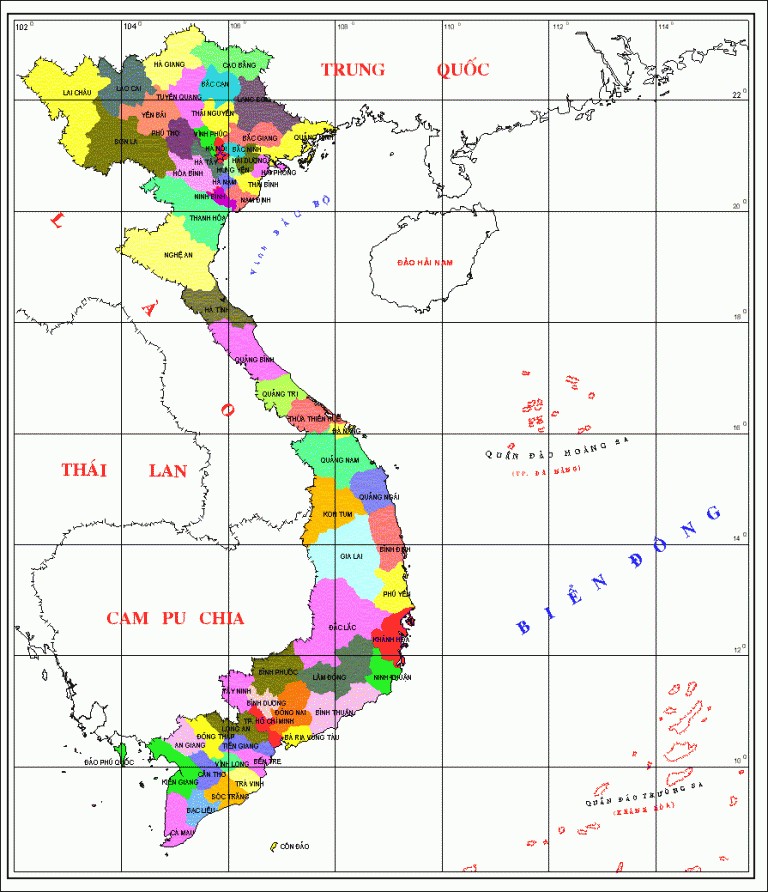 Bản đồ tọa độ địa lý Việt Nam với các điểm cực Bắc, Nam, Đông, Tây