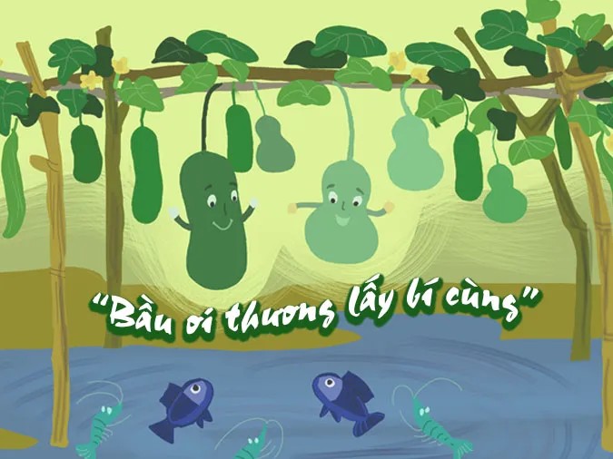 Hình ảnh bầu và bí cùng leo trên một giàn, tượng trưng cho sự đoàn kết và tương trợ lẫn nhau.