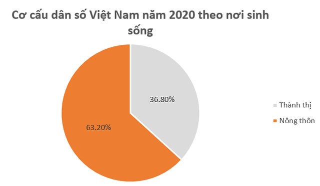 Biểu đồ hình quạt cơ cấu dân số Việt Nam năm 2020 theo khu vực sinh sống
