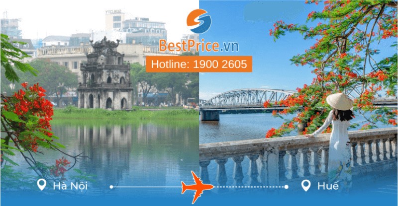 Hình ảnh vé máy bay từ Hà Nội đi Huế với logo của các hãng hàng không phổ biến như Vietnam Airlines, Vietjet Air và Bamboo Airways