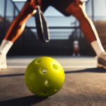 Một người đàn ông cầm vợt đứng sau quả bóng pickleball màu vàng trên sân, sẵn sàng chơi