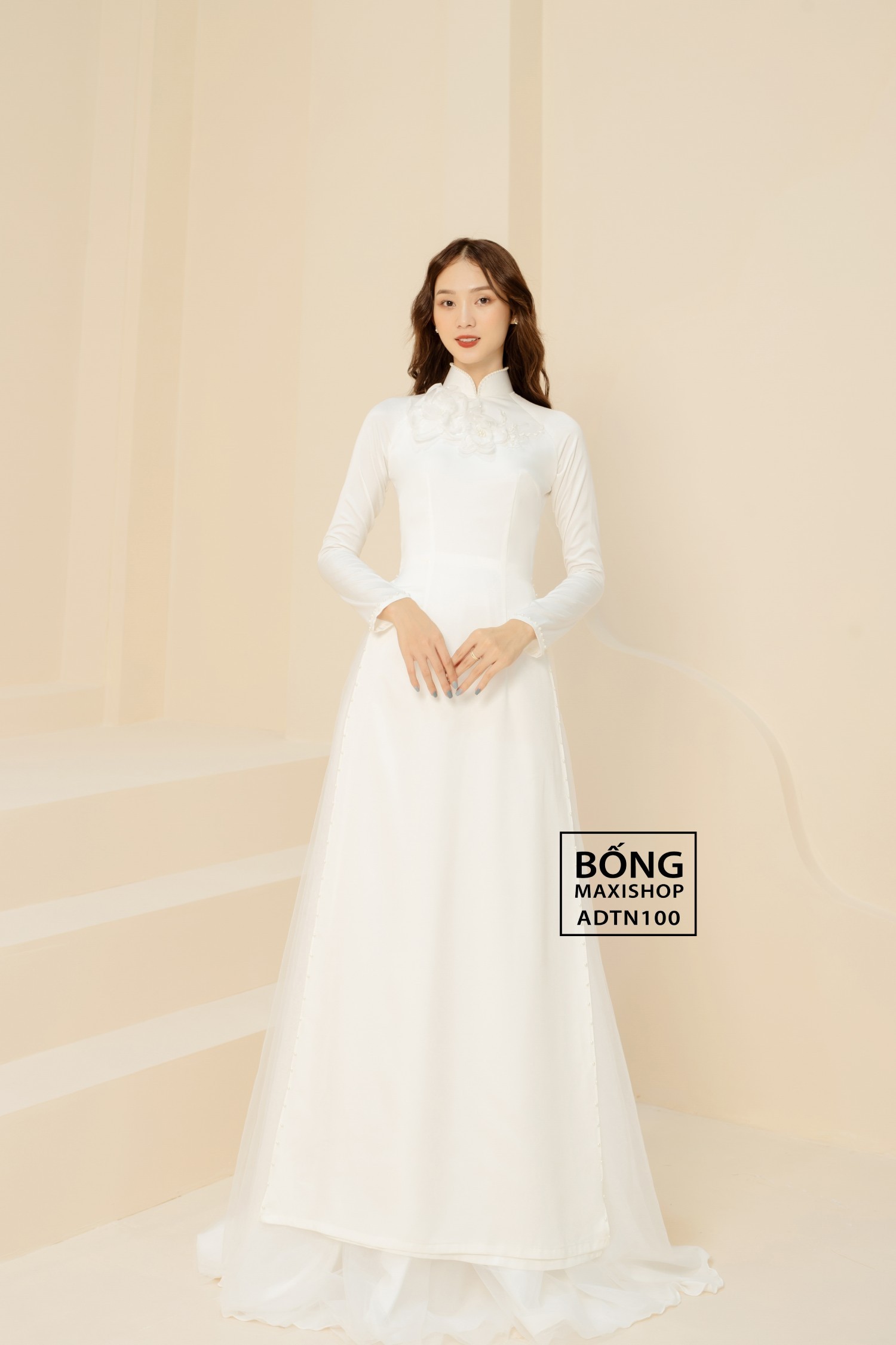 Áo dài cô dâu lụa trắng kết hoa, vẻ đẹp truyền thống tại Bống Store
