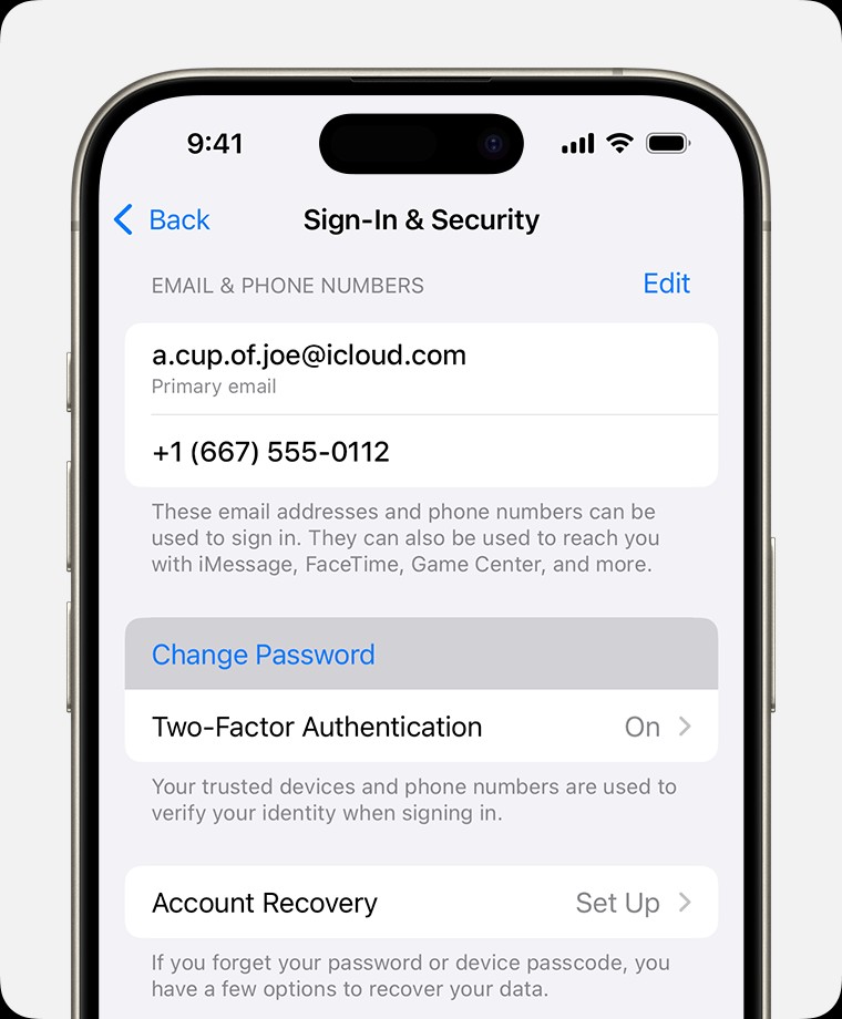 iPhone hiển thị nút Thay đổi mật khẩu trong Cài đặt