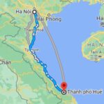 Bản đồ khoảng cách đường bộ từ Huế đến Hà Nội qua Google Maps với chú thích chi tiết về tuyến đường và các điểm dừng chân quan trọng