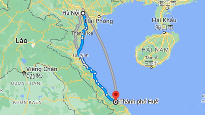 Bản đồ khoảng cách đường bộ từ Huế đến Hà Nội qua Google Maps với chú thích chi tiết về tuyến đường và các điểm dừng chân quan trọng