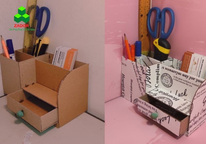 tái chế thùng giấy carton làm khay đựng đồ dùng học tập