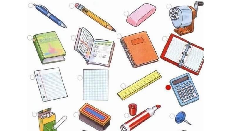 Hình ảnh các em học sinh đang học tập, vui chơi trong lớp học với đầy đủ đồ dùng học tập, sách vở, bảng đen, bàn ghế