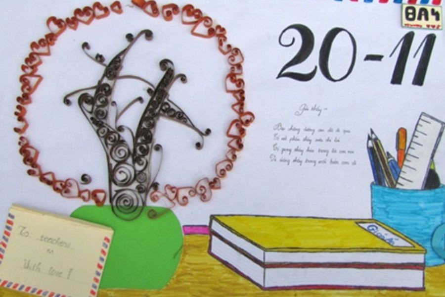 Mẫu trang trí báo tường 20 11 với những nét vẽ mộc mạc từ Chi đoàn BA4 nhưng vẫn thể hiện được nhiều tình cảm tri ân Thầy Cô.