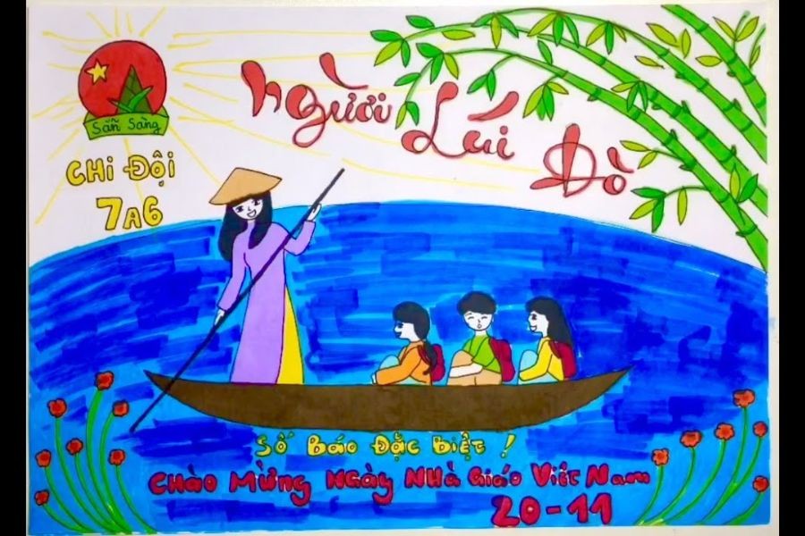 Mẫu báo tường 20 11 với hình ảnh cô giáo đưa học sinh “sang sông” ý nghĩa từ Chi đội 7A6.