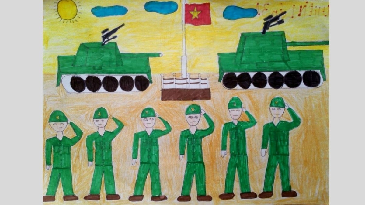 Tranh vẽ chú bộ đội trong buổi chào cờ