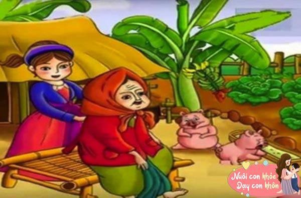 Tranh minh họa truyện Nàng Tiên Ốc thể hiện sự hiền lành của bà lão và vẻ đẹp của nàng tiên.